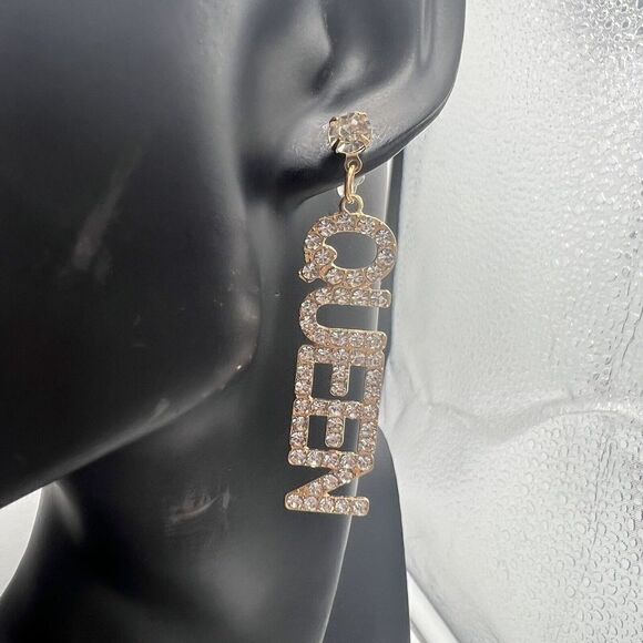Queen Earrings Dangle Rhinestone Pierced Long But Not Heavy! Sparkle Gold Tone - Picture 1 of 8